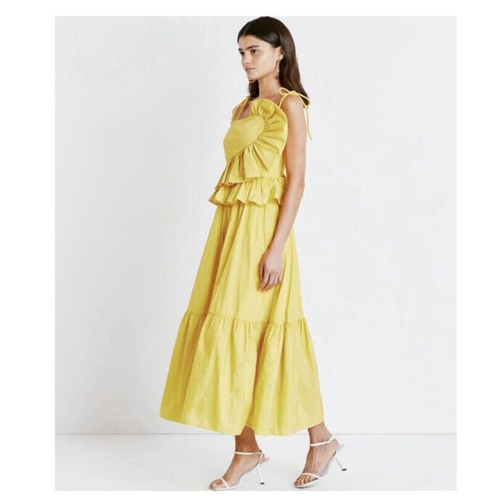 Tanya Taylor Delphine Dress Lemon Yellow Ruffle Detail Midi Dress sz 10 - Picture 6 of 13
